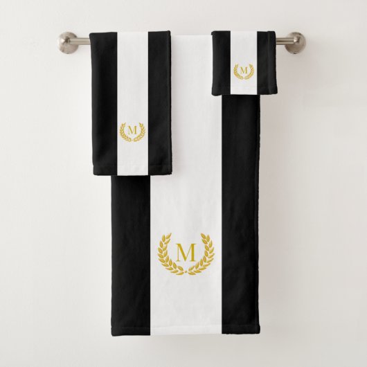 Gouden laurier & Monogram op Zwart & Wit Gestreept Bad Handdoek (Insitu)