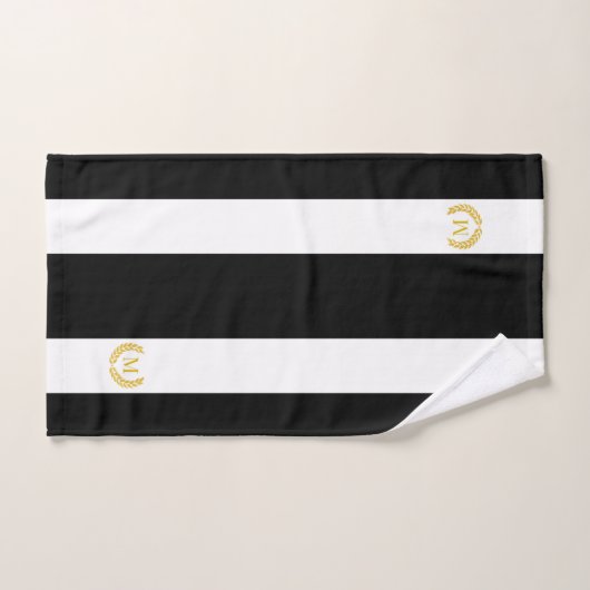 Gouden laurier & Monogram op Zwart & Wit Gestreept Bad Handdoek (Handdoek)