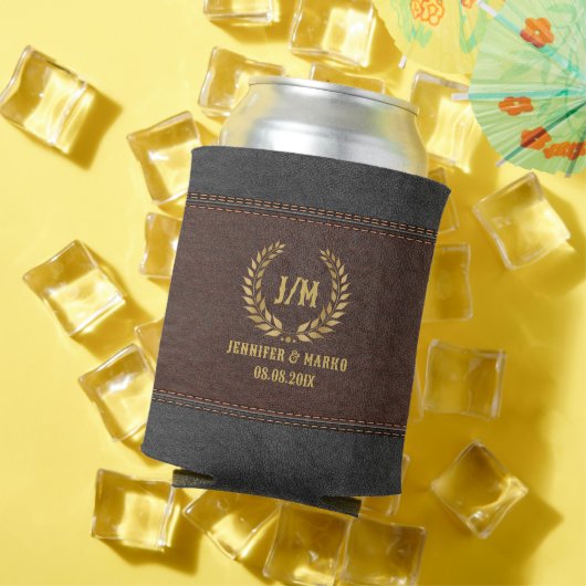 Gouden laurierkrans bruin & zwart gestikt leer blikjeskoeler (Insitu Zomer)