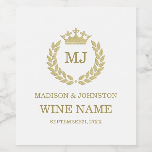 Gouden laurierkrans & kroon op wit wijn etiket (Enkel label)