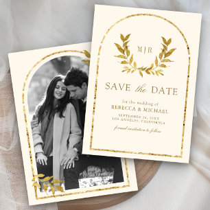 Gouden lauwerkrans bladeren Crème Trouwfeest Save The Date