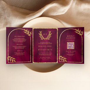 Gouden lauwerkrans bladeren Fuchsia Magenta Trouwf Drieluik Uitnodiging