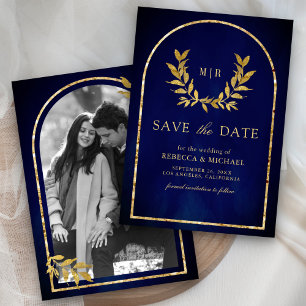 Gouden lauwerkrans bladeren koninklijk blauwe trou save the date
