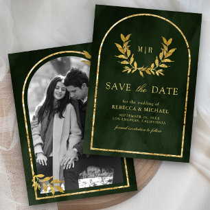 Gouden lauwerkrans bladeren olijfgroen bruiloft save the date