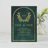 Gouden lauwerkrans bladeren smaragdgroene trouw save the date (Staand voorkant)