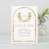 Gouden Lauwerkrans Bladeren Witte Bruiloft Save The Date (Staand voorkant)