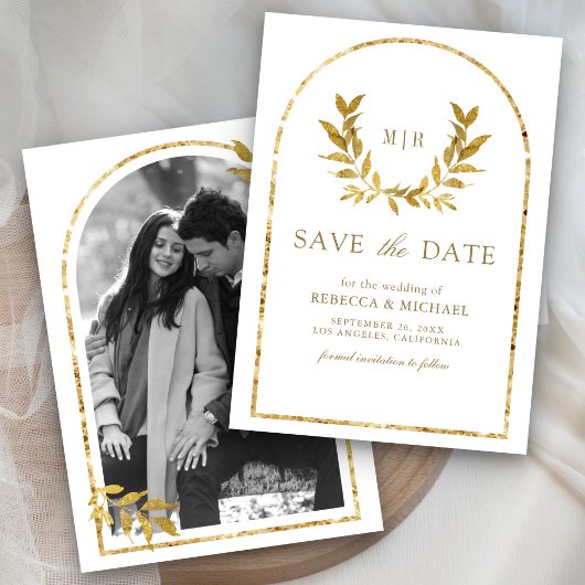 Gouden Lauwerkrans Bladeren Witte Bruiloft Save The Date