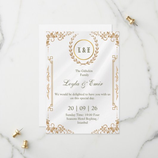 Gouden Lauwerkrans Monogram Save the Date (Voorkant / Achterkant in situ)
