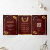 Gouden lauwerkrans verlaat Bourgondische rode brui Drieluik Uitnodiging (Binnen)