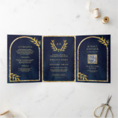 Gouden lauwerkrans verlaat Navy Blue Wedding Drieluik Uitnodiging (Binnen)