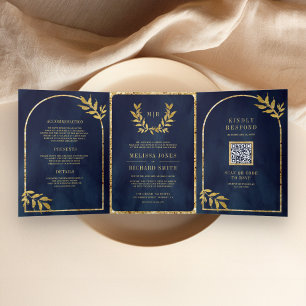 Gouden lauwerkrans verlaat Navy Blue Wedding Drieluik Uitnodiging