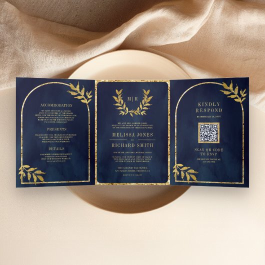 Gouden lauwerkrans verlaat Navy Blue Wedding Drieluik Uitnodiging