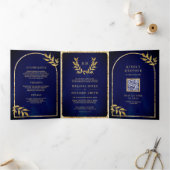 Gouden lauwerkrans verlaat Royal Blue Wedding Drieluik Uitnodiging (Binnen)