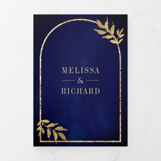 Gouden lauwerkrans verlaat Royal Blue Wedding Drieluik Uitnodiging (Cover)