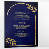 Gouden lauwerkrans verlaat Royal Blue Wedding Drieluik Uitnodiging (Binnenzijde eerst)