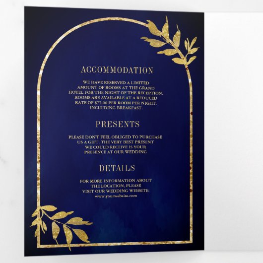 Gouden lauwerkrans verlaat Royal Blue Wedding Drieluik Uitnodiging (Binnenzijde eerst)