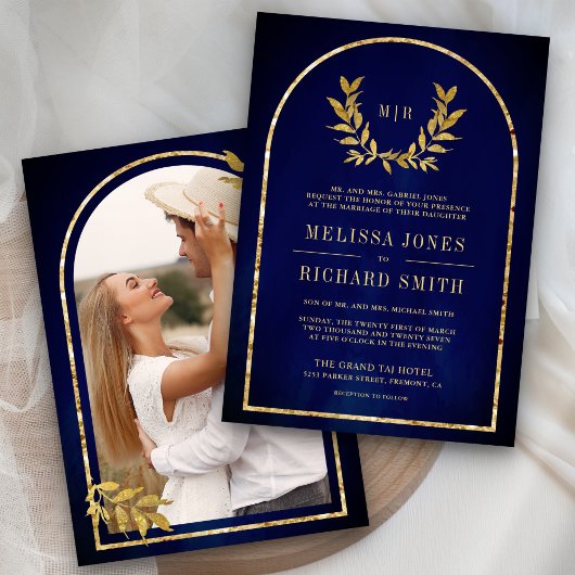 Gouden lauwerkrans verlaat Royal Blue Wedding Kaart