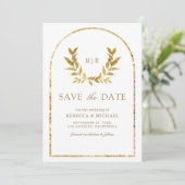 Gouden lauwerkrans verlaat witte bruiloft save the date (Staand voorkant)
