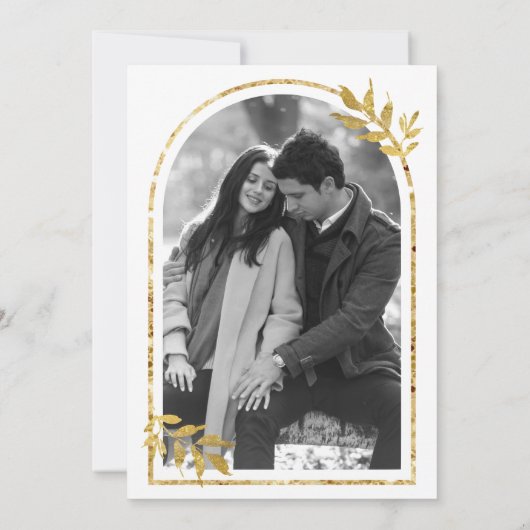 Gouden lauwerkrans verlaat witte bruiloft save the date (Achterkant)