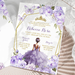 Gouden lavendel paarse bloem vlinder Quinceañera Kaart