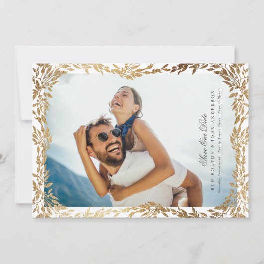 Gouden Leaf Geweven Lijst Foto QR CODE Bruiloft Save The Date (Voorkant)