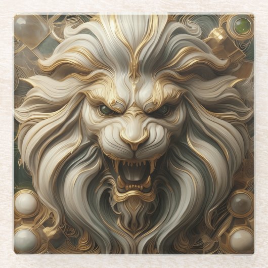 Gouden Leeuw Embleem van Kracht en Kracht Glazen Onderzetter (Voorkant)