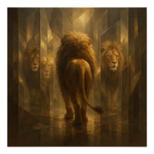 Gouden Leeuw in een Spiegeldoolhof – Majestueus Ge Perfect Poster