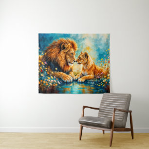 Gouden Leeuw Leeuwin kleurrijke wilde bloemen Wandkleed
