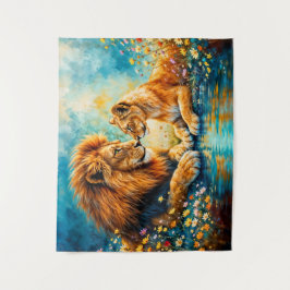 Gouden Leeuw Leeuwin kleurrijke wilde bloemen Wandkleed