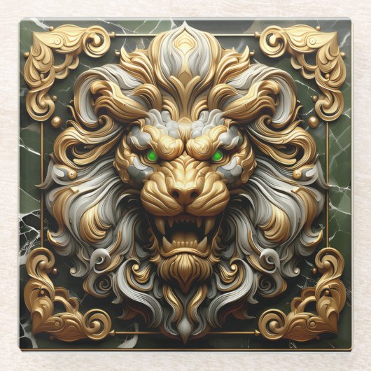 Gouden Leeuw met smaragdgroene accenten Glazen Onderzetter (Voorkant)