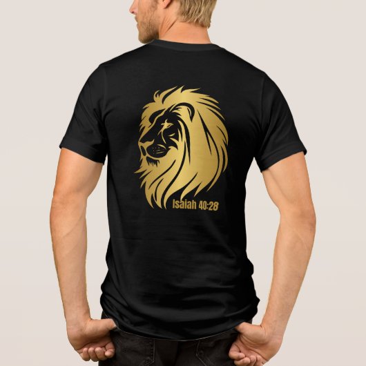 Gouden Leeuw van Juda Jesaja 40:28 Christelijk Tri-Blend Shirt (Achterkant)