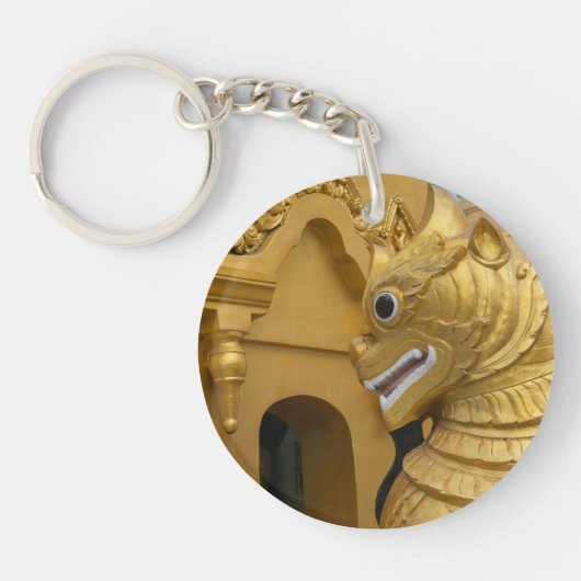 Gouden Leeuwenbeeld Bij Tempel Sleutelhanger (Voorkant)