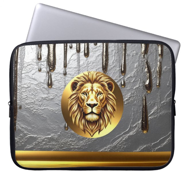 Gouden Leeuwenkop Met Metaal Drip Effect 🦁 Laptop Sleeve (Voorkant)