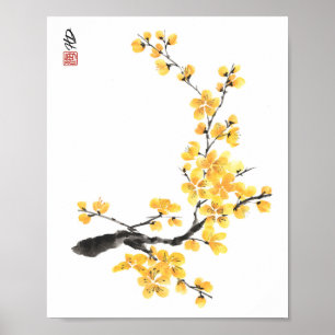 Gouden Lente Bloesem Gele Pruimenbloesem Waterverf Poster