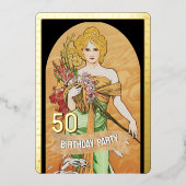  gouden lente godin, Mucha, 50ste verjaardag Folie Uitnodiging (Voorkant)