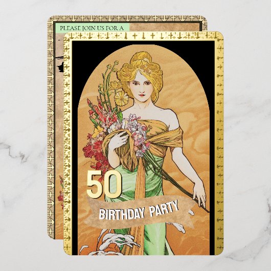  gouden lente godin, Mucha, 50ste verjaardag Folie Uitnodiging (Voorkant / Achterkant)