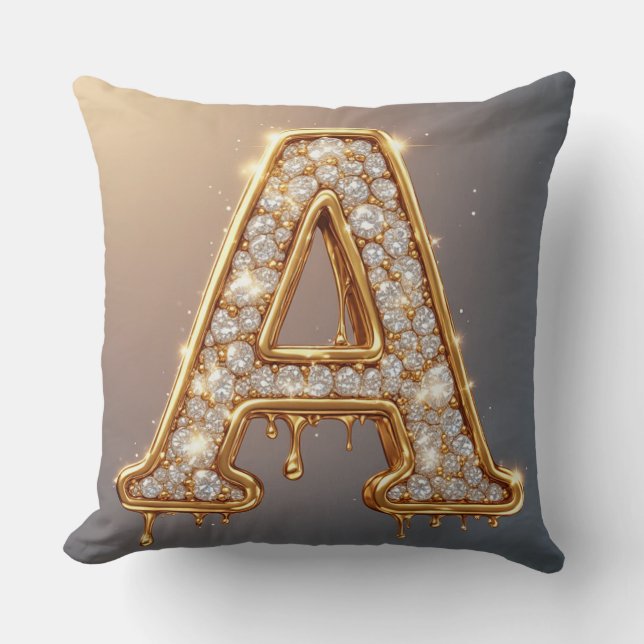 Gouden Letter A Diamanten Drip Gesmolten Monogram Kussen (Voorkant)