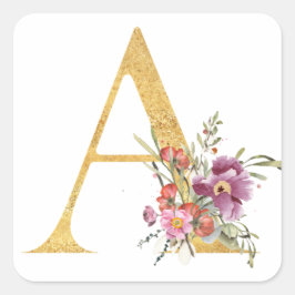 Gouden letter A met bloemen Vierkante Sticker
