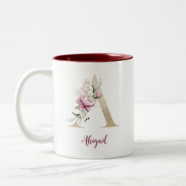 Gouden Letter A, Monogram A, Roze Bloemensierad Ge Tweekleurige Koffiemok