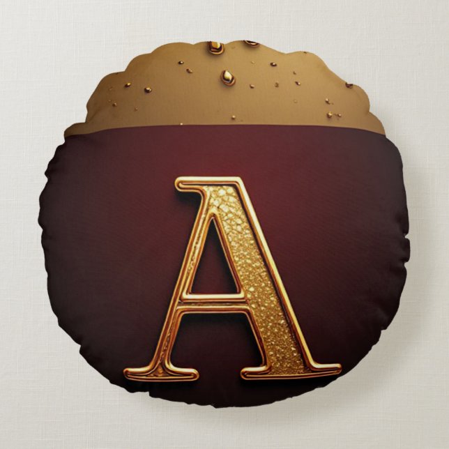 Gouden Letter A Monogram Met Druppelende Metaal Rond Kussen (Voorkant)