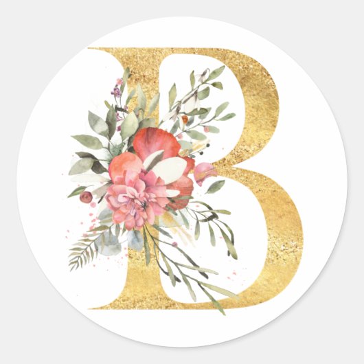 Gouden letter B met bloemen Ronde Sticker (Voorkant)