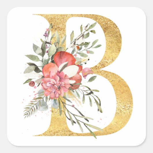 Gouden letter B met bloemen Vierkante Sticker (Voorkant)
