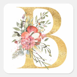 Gouden letter B met bloemen Vierkante Sticker