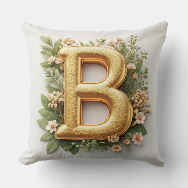 Gouden Letter B Omringd door Bloemstukken Kussen (Voorkant)