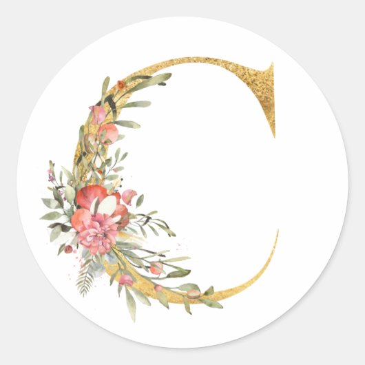 Gouden letter C met bloemen Ronde Sticker (Voorkant)