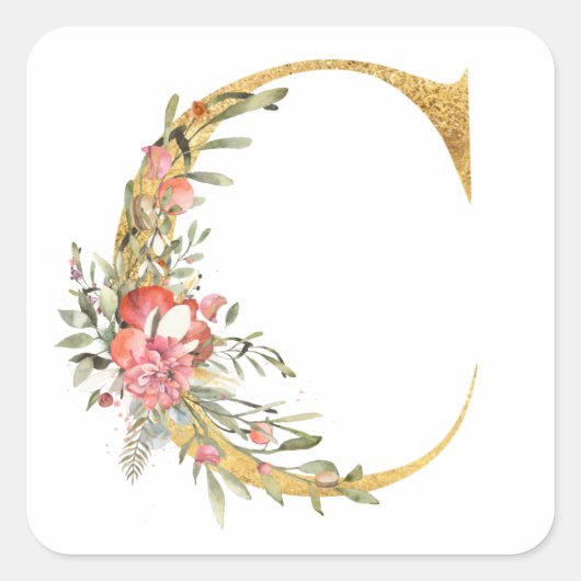 Gouden letter C met bloemen Vierkante Sticker (Voorkant)