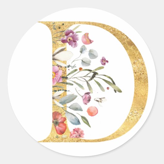 Gouden letter D met bloemen Ronde Sticker (Voorkant)