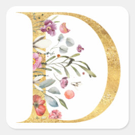 Gouden letter D met bloemen Vierkante Sticker