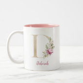 Gouden Letter D, Monogram D, Roze Bloem Cadeau Haa Tweekleurige Koffiemok (Links)