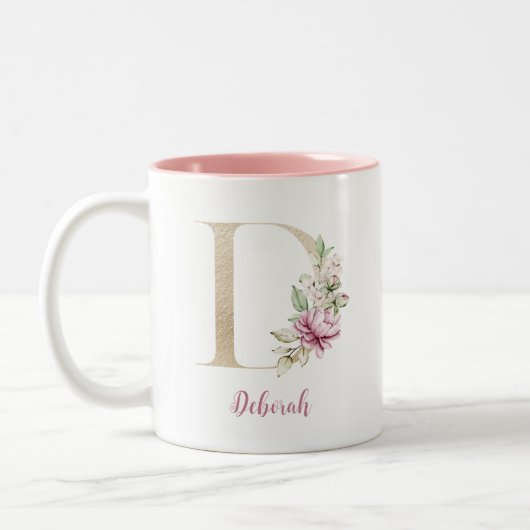Gouden Letter D, Monogram D, Roze Bloem Cadeau Haa Tweekleurige Koffiemok (Links)